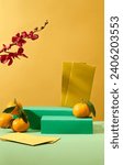 Small photo of Lucky money envelopes and tangerines are decorated around the display platform. Space for product display and advertising. Pastel background with holiday features.