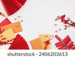 Small photo of A plate of tangerines, a plate of jam, a string of red firecrackers, a string of Tet decorations on a white background. Ideal space for text design with Tet theme.