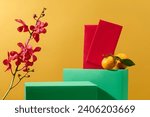 Small photo of Red envelopes, vibrant orchids and tangerines, the green podium showcases products against a festive yellow backdrop, providing an ideal setting for advertising and display.