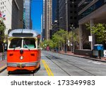San Francisco Market Street F Market & Wharves F line is a vintage heritage streetcar cable car of California USA