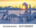 Winter Landscape At Sunset In...