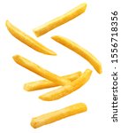Falling french fries, potato fry isolated on white background, clipping path, full depth of field