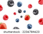 Falling wild berries mix, strawberry, raspberry, blueberry, blackberry, isolated on white background, selective focus