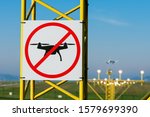 No drone zone at airport runway. Airport airspace perimeter prohibition drones fly sign. 