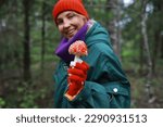 Small photo of The forester collects mushrooms in the forest. Harvesting wild mushrooms. Hike to forest park with fly agarics.