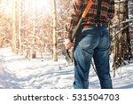 birch winter forest man with axe