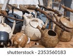 Small photo of Vessels, teapots in rustic style. Clay crafting, Stoneware, Earthenware, Ceramic art. Tough and practical, utilitarian ware for the kitchen. Art ware, tableware, decorative ware