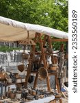 Small photo of Art ware, tableware, decorative ware in rustic style. Clay crafting, Stoneware, Earthenware, Ceramic art. Tough and practical, utilitarian ware for the kitchen. Fair of pottery on the city square