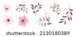 Set of watercolor pink flowers and brown leaves elements. Collection botanical vector isolated on white background suitable for Wedding Invitation, save the date, thank you, or greeting card.