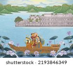 Traditional Indian Mughal singer and dancers in a boat with purple lotus flower lake illustration