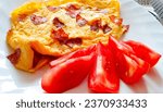 Small photo of Omelet with meat and vegetables, breakfast, tomatoes, cucumbers, food, lunch, dinner, goodies, holidays