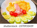 Small photo of Omelet with meat and vegetables, breakfast, tomatoes, cucumbers, food, lunch, dinner, goodies, holidays