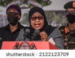 Small photo of Tanzania's President Samia Suluhu Hassan speaks during the inauguration of the Morocco–Mwenge highway in Dar es Salaam, on December 02, 2021