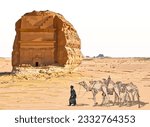 Hegra Saudi Arabia ancient village with camel rider. tombs in sand rocks vector art.