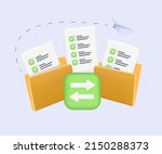 Yellow folder with files. File transfer concept. Yellow folder with document on computer monitor. 3D Vector Illustrations. Copy files, data exchange, backup, migration, file sharing. 3D free to edit