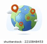3D earth globe with pinpoints online deliver service, delivery tracking, pin location point marker of shipment map 3d. Product shipping out from world map. Delivery icon 3d vector render illustration