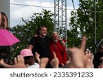 Small photo of Gattatico, Reggio Emilia, Italy - April 25, 2023: Adelmo Cervi and the singer Cisco, pseudonym of Stefano Bellotti embraced during the Liberation Day at the 25 April concert