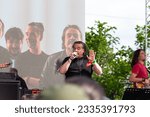 Small photo of Gattatico, Reggio Emilia, Italy - April 25, 2023: The singer Cisco, pseudonym of Stefano Bellotti in concert with the folk-rock band Bandabardo during the Liberation Day at the 25 April concert