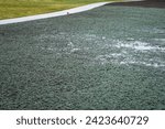 Small photo of New lawn and sidewalk, and professional applied hydroseeding, mix of grass seed and wood pulp freshly applied to dirt in a new residential community