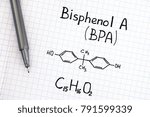 Small photo of Chemical formula of Bisphenol A (BPA) with pen. Close-up.