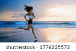 Small photo of Barefoot young girl with slim body running along sea surf by water pool to keep fit and burning fat. Beach background with blue sky. Woman fitness, jogging sports activity on summer family vacation.