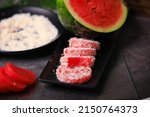Small photo of watermelon delight, watermelon dessert, watermelon pudding, watermelon jelly closeup with selective focus and blur