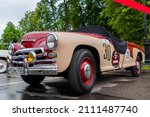 Small photo of NIZHNY NOVGOROD, RUSSIA - JUNE 15, 2020: Classic Soviet Car Exhibition. Customized beige and red GAZ M20 Pobeda-Sport. Historical, retro, vintage and nostalgia concept