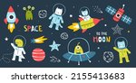 Set of animal astronauts in space and spaceships. Cute bundle with cosmonauts. Collection of doodle cosmic stickers.