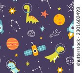 Bright space pattern with cute  dino astronauts. Seamless vector cosmic print with dinosaurs for baby boys.