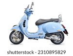 New blue retro motor scooter isolated white background