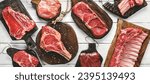 Small photo of Set of various raw meat steaks. Fresh meat of beef, pork, veal, chicken, steak t-bone, rib eye, tomahawk, ribs, tenderloin on cutting board over white background. Meat food, butcher shop, top view