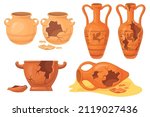 Cartoon broken pottery. Old cracked ceramic vases, history archeology urn for museum, ancient clay pots jar jug vessel, greece or roman artefacts, isolated neat vector illustration and broken pottery