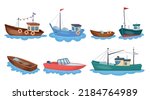 Boats with fishing nets. Fisherman boat marine ship sea ocean fisheries for fish production industrial seafood shippings water vessel fishery towboat, neoteric vector illustration of sea boat set