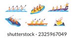 Rowing teamwork. People group with paddle on boat canoe in speed river competing race, water sport team together at kayak rower athletes boating crew, splendid vector illustration of sport teamwork