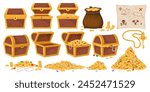 Treasure chest. Pirate wealth. Gold coins and diamonds. Corsair map. Opened and closed wooden containers. Ancient golden key. Empty and full boxes with jewelry gems