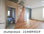 Small photo of Modern flat room with stylish design as concept of before and after reconstruct renovation, comparison of upgraded remodeling in comfortable flat bedroom during rework in real estate.