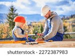 Small photo of Father with toddler son building wooden frame house. Male builders hammering nail into plank on construction site, wearing helmet and blue overalls on sunny day. Carpentry and family concept.