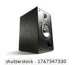 Black wooden sound speaker on white isolated background.
