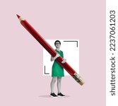 Small photo of The woman with a large pencil in her arm. Art collage.