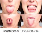 Small photo of Collage of four shapes of a woman's tongue as she protrudes it from her mouth, u-fold is hereditary trait, fun composition