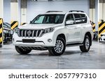 Small photo of St Petersburg, Russia - September 27, 2021: Toyota Land Cruiser Prado 150 Series Restyling 1 front view, three quarters view, headlight off