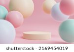 Small photo of Minimal product podium stage with multicolor pastel color balloons in geometric shape for presentation background. Abstract background and decoration scene template. 3D illustration rendering