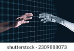 Small photo of Hands of Robot and Human Touching together through computer moniter screen in dark background. Virtual Reality Augmented reality Artificial Intelligence technology digital twin driven smart concept