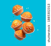 Small photo of Levitating delicious vanilla cupcakes. Cupcakes in paper liners with colorful icing stars fly on blue background.