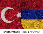 Small photo of Turkey and Armenia painted flags on a wall with grunge texture. Turkey and Armenia conflict. Armenia and Turkey flags together. Turkey vs Armenia