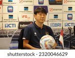 Small photo of Indonesia national soccer team coach Shin Tae-Yong at pre-match press conference FIFA Matchday. Gelora Bung Karno, Jakarta. 18th June 2023.