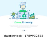 Green economy web page template. Ecologist presents project for circular economy. Thin line icons. Financial growth, green city, zero waste. Vector illustration for environmental issues.