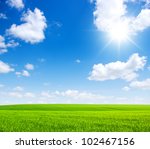Green Field  Blue Sky And Sun