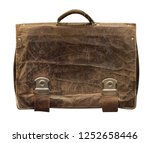 Small photo of leather briefcase isolated on white phoneme. old shabby leather briefcase .