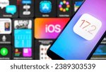 Small photo of Jakarta - November 17,2023: illustration the logo of Apple operating system, iOS 17.2 seen displayed on a smartphone screen. Apple launch iOS 17.2 in Beta version